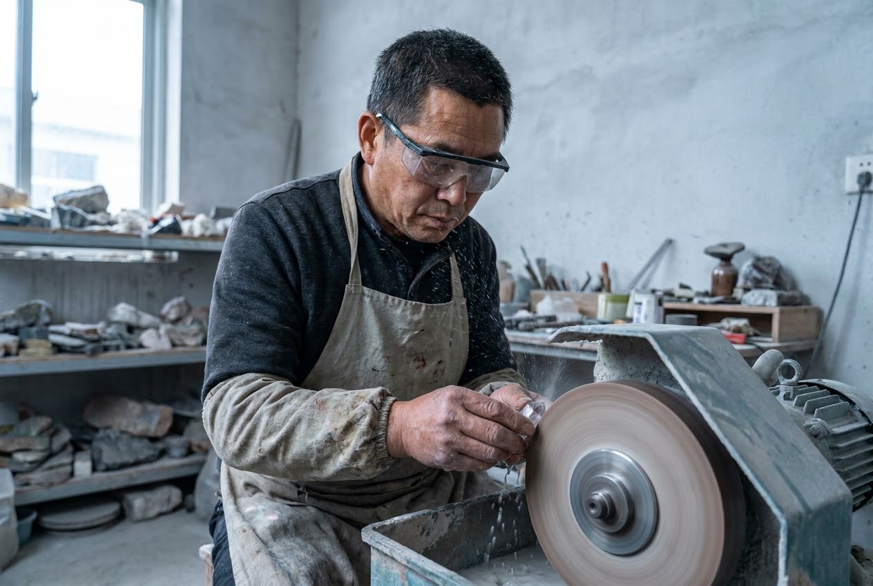 Illustrative Chinese Donghai artisan precision-polishing a natural crystal component