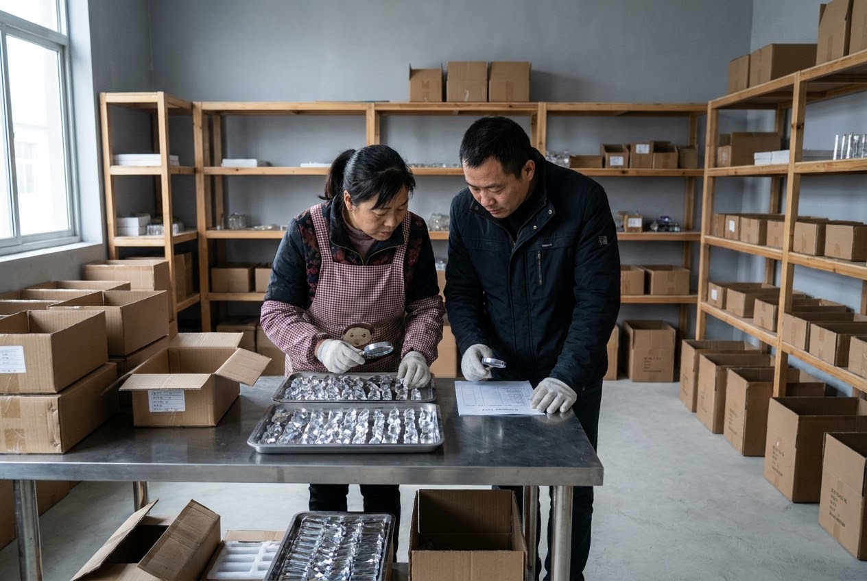 Illustrative Chinese Donghai team checking protective crystal packaging for export